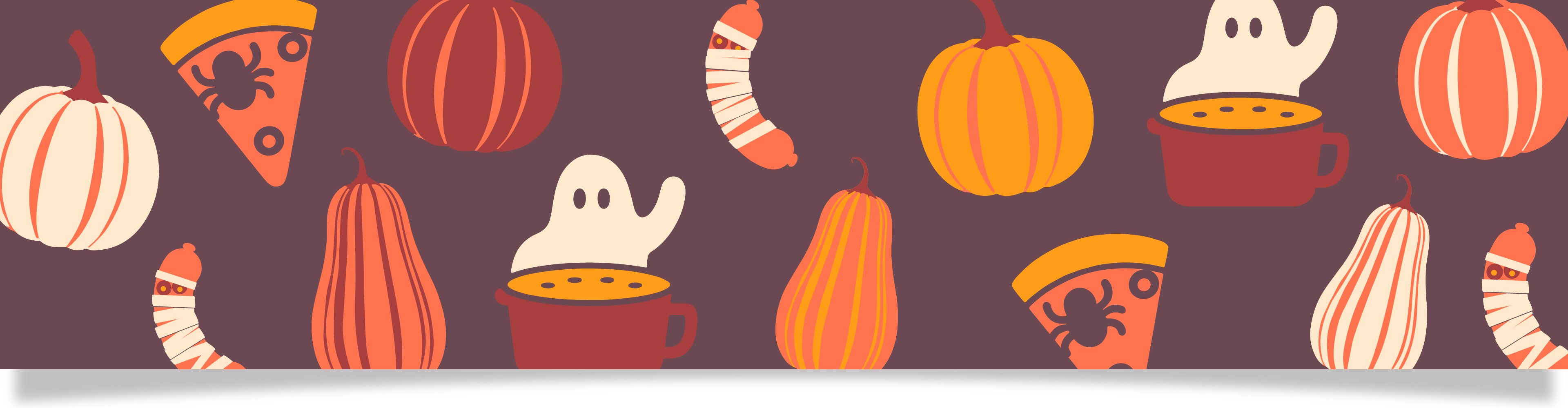Halloween-tema med pumpor, spökdrycker, pizzaskivor och mumiekorvar.
