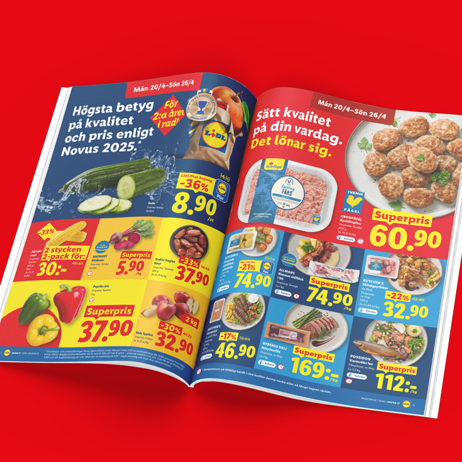 Ett reklamblad med erbjudanden på livsmedel, inklusive gurka, majs, köttfärs, köttbullar och äpplen.
