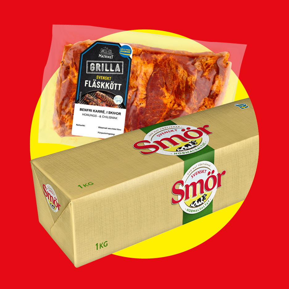 Ett paket fläskkött för grillning och ett paket smör.
