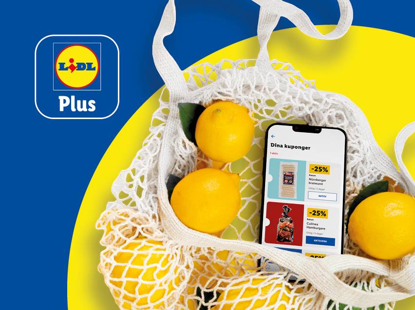 Lidl Plus-logotyp, nätkasse med citroner och en smartphone som visar kuponger.