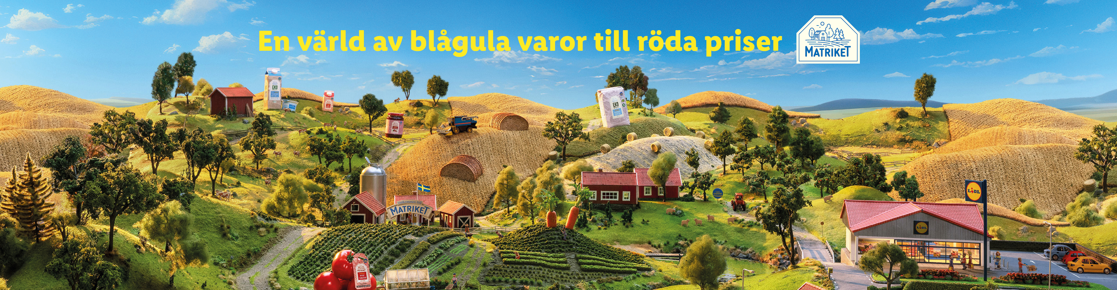 Matrikets blågula varor till röda priser i lantlig idyll.